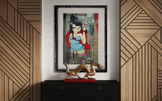 Miss Van Street Art Girl in Blue Dress (Framed) 50cm x 40cm