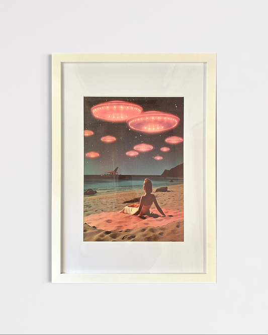UFO Beach Encounter Retro Art (Framed) 64cm x 46cm