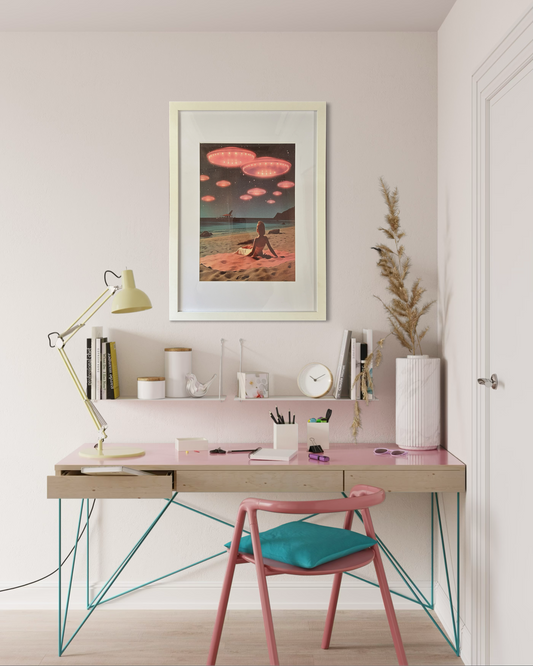 UFO Beach Encounter Retro Art (Framed) 64cm x 46cm